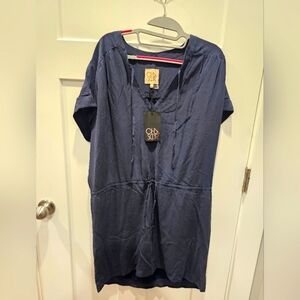 Chasor Navy Tunic Dress Women’s M NWT – Short Sleeve V-Neck, Drawstring Waist